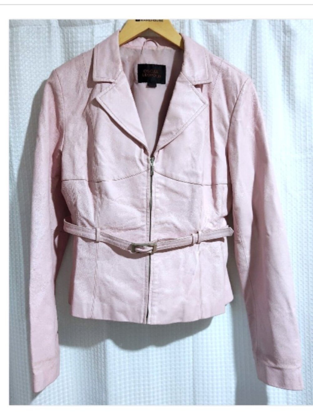 Pink Leather Jacket Womens XXL Belted Zip Short Moto Blazer Oscar Leopold